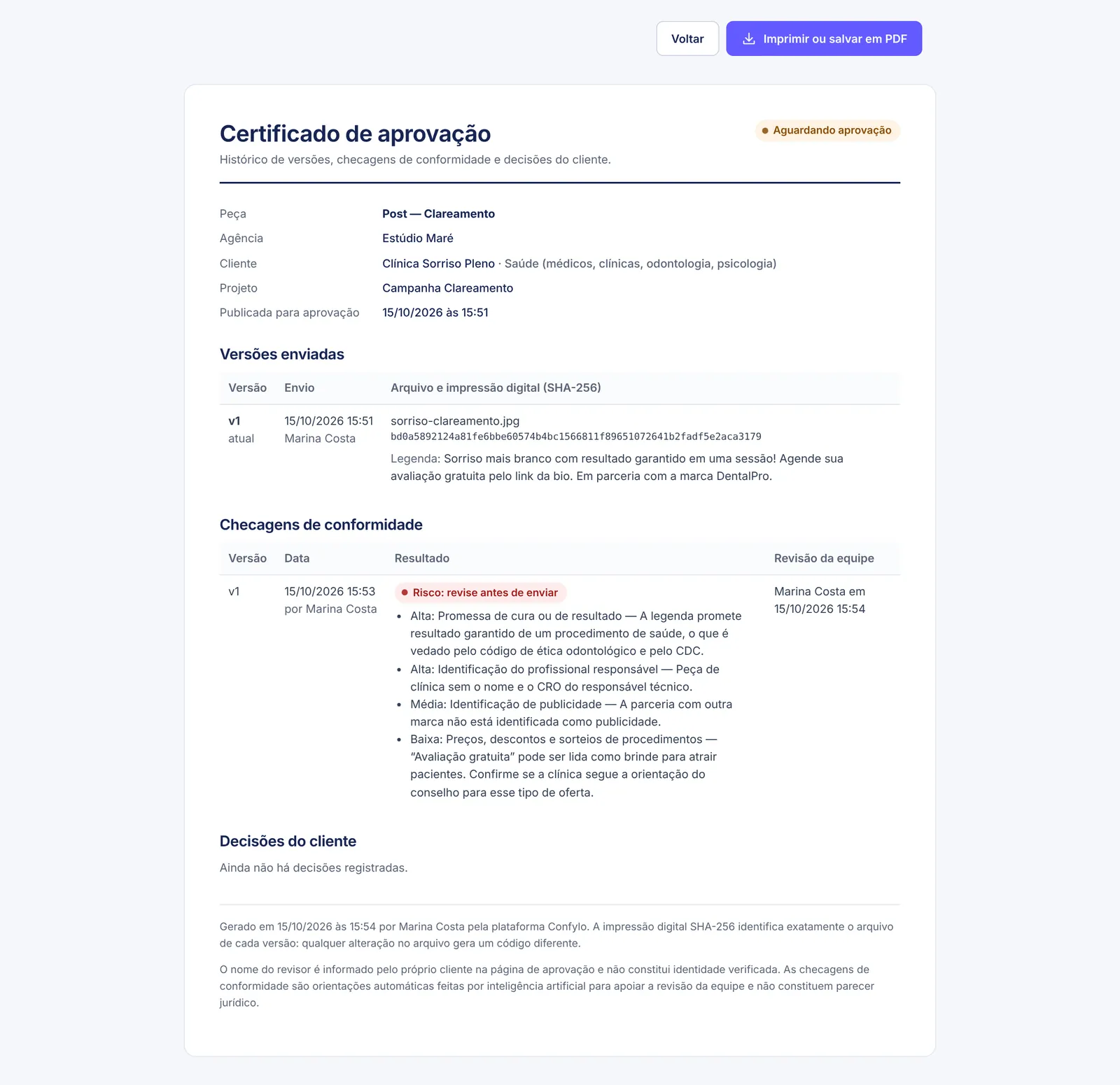 Certificado de aprovação da peça.
