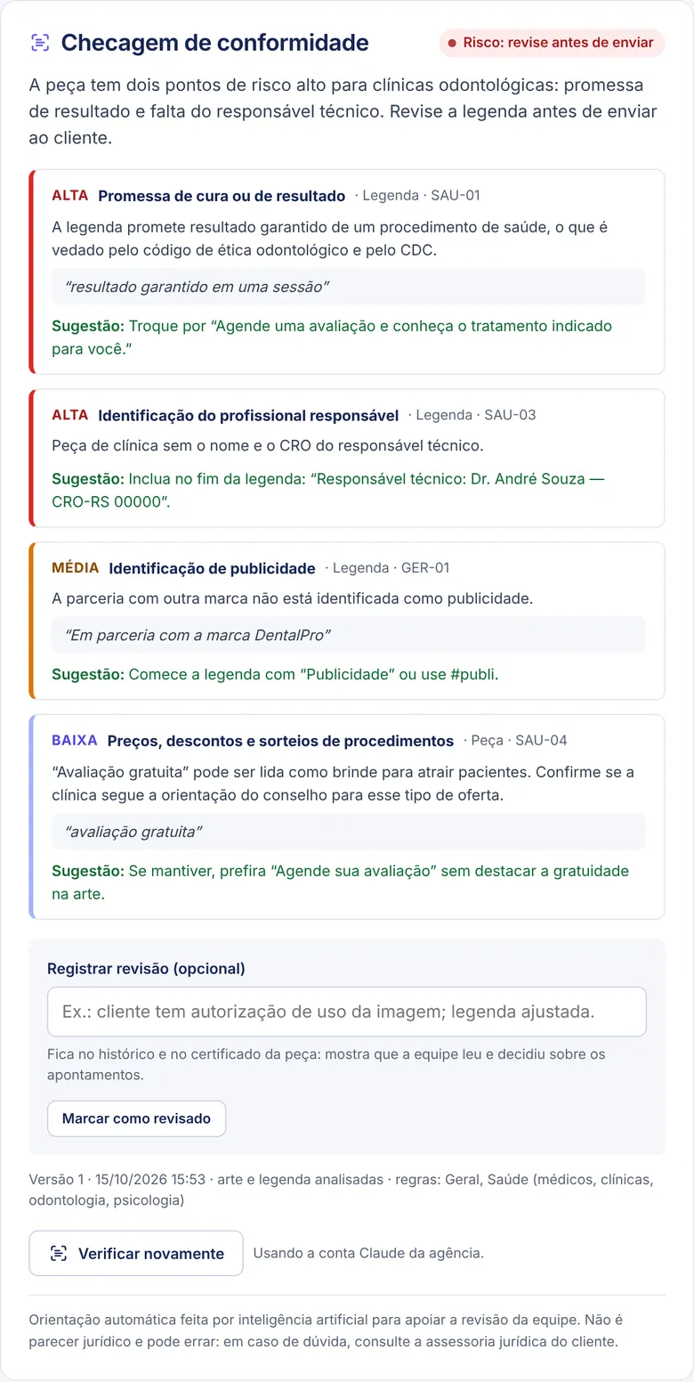 Resultado com apontamentos por gravidade e sugestões.